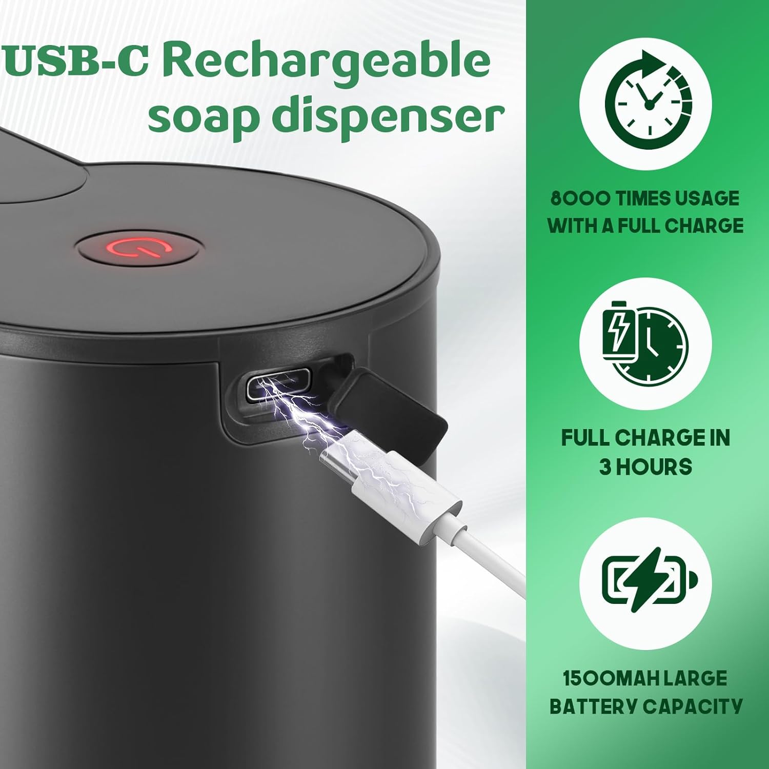 Automatic Hand Soap Dispenser Touchless: Foaming Soap Dispenser Stainless Steel - Free Touch Electric Soap Dispenser Rechargeable with Sensor for Bathroom, Commercial (Black) - Image 4