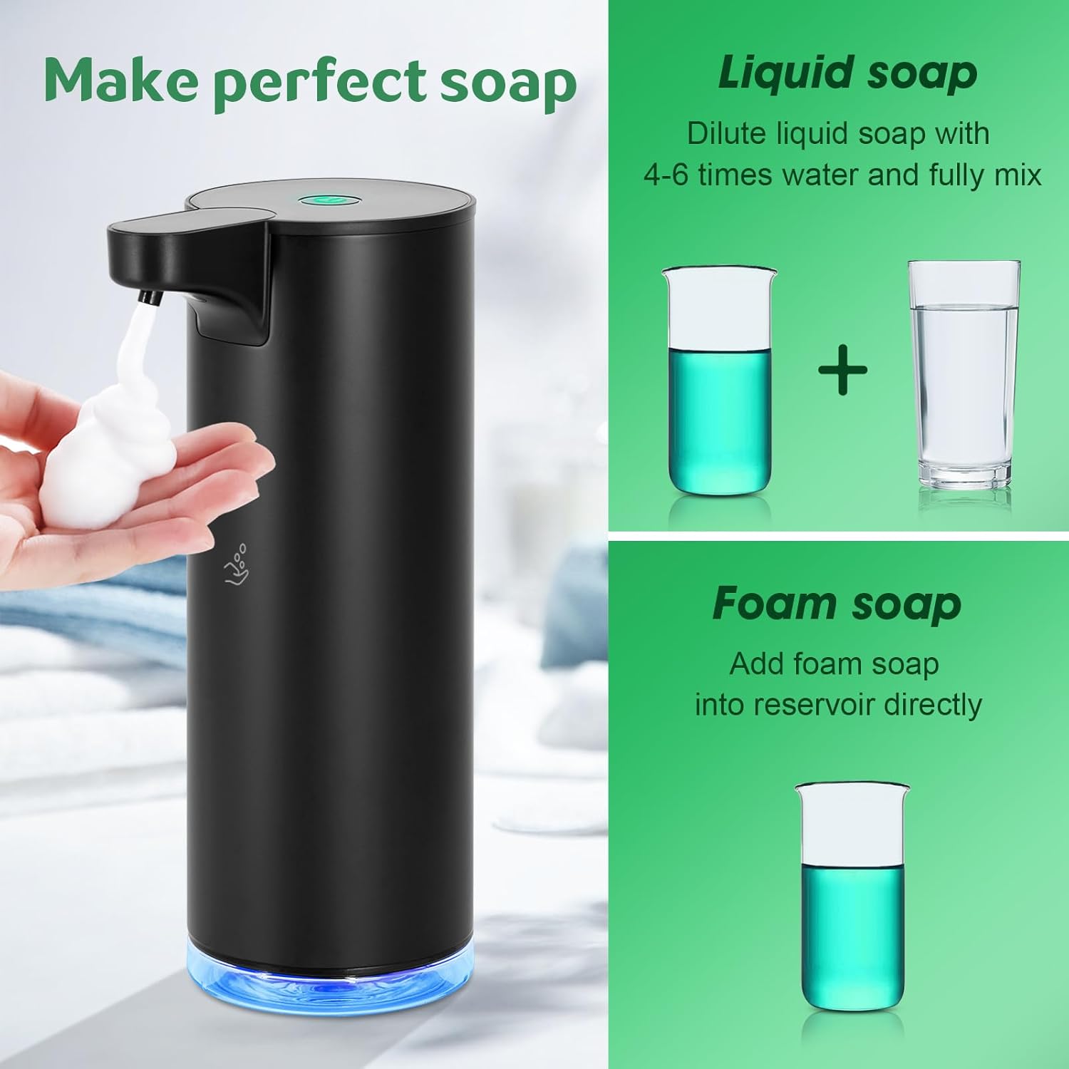 Automatic Hand Soap Dispenser Touchless: Foaming Soap Dispenser Stainless Steel - Free Touch Electric Soap Dispenser Rechargeable with Sensor for Bathroom, Commercial (Black) - Image 5