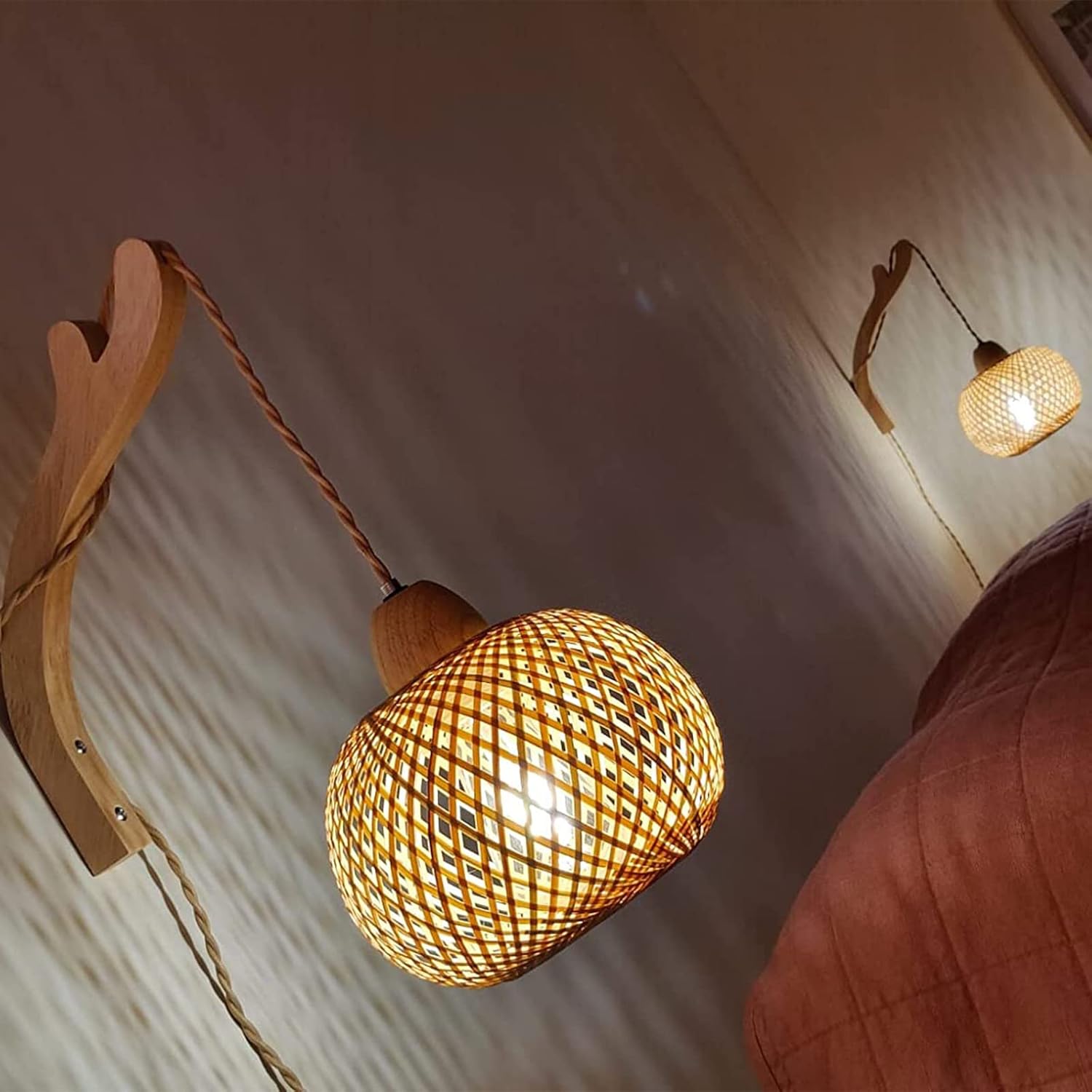 Frideko Bamboo Lantern Plug in Wall Sconces Wicker Wall Lamp with Plug in Cord Hand Woven Rattan Wall Light Farmhouse Rustic Wall Sconces Boho Sconces Wall Lighting for Living Room Bedroom - Image 3