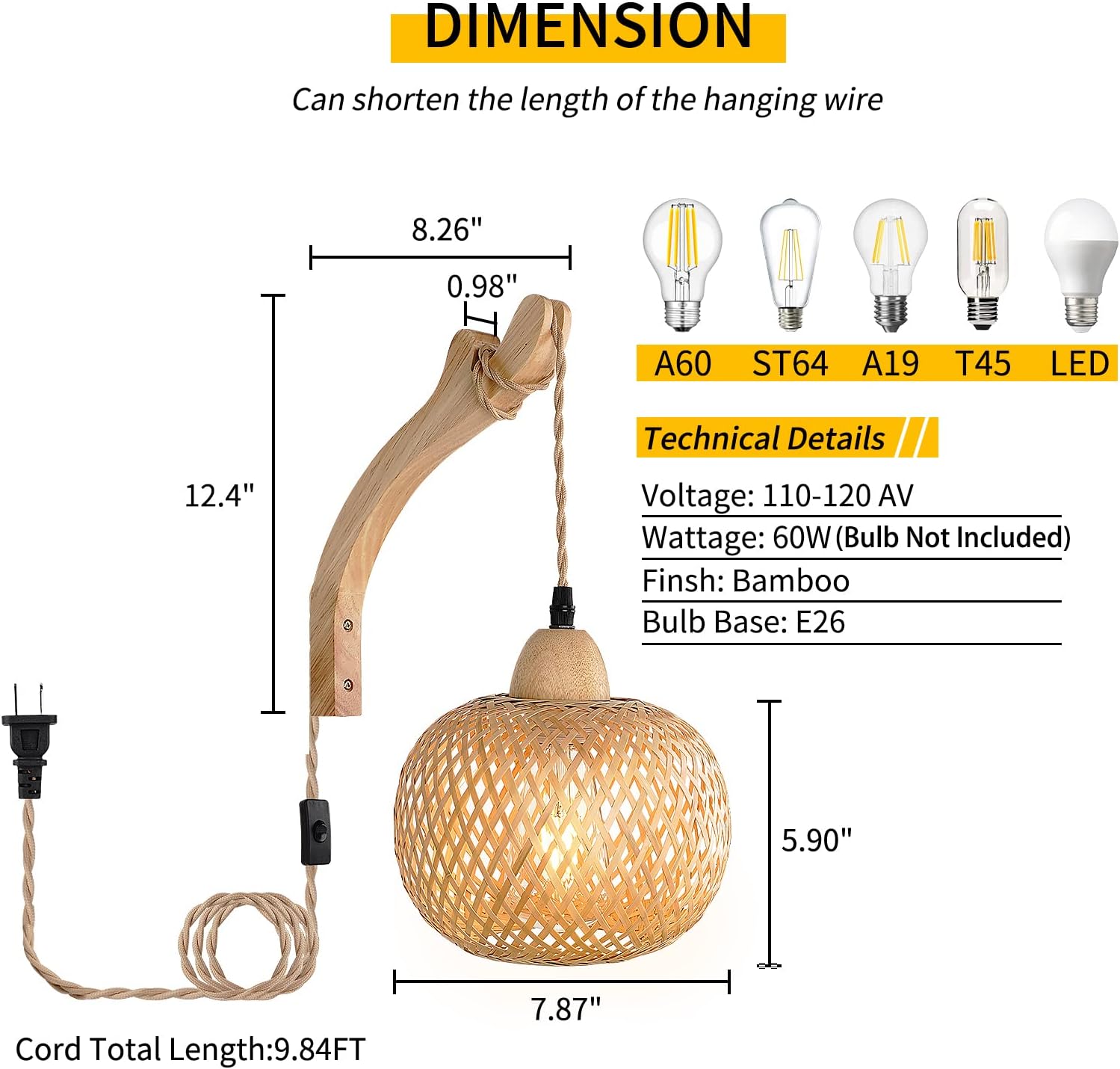Frideko Bamboo Lantern Plug in Wall Sconces Wicker Wall Lamp with Plug in Cord Hand Woven Rattan Wall Light Farmhouse Rustic Wall Sconces Boho Sconces Wall Lighting for Living Room Bedroom - Image 4