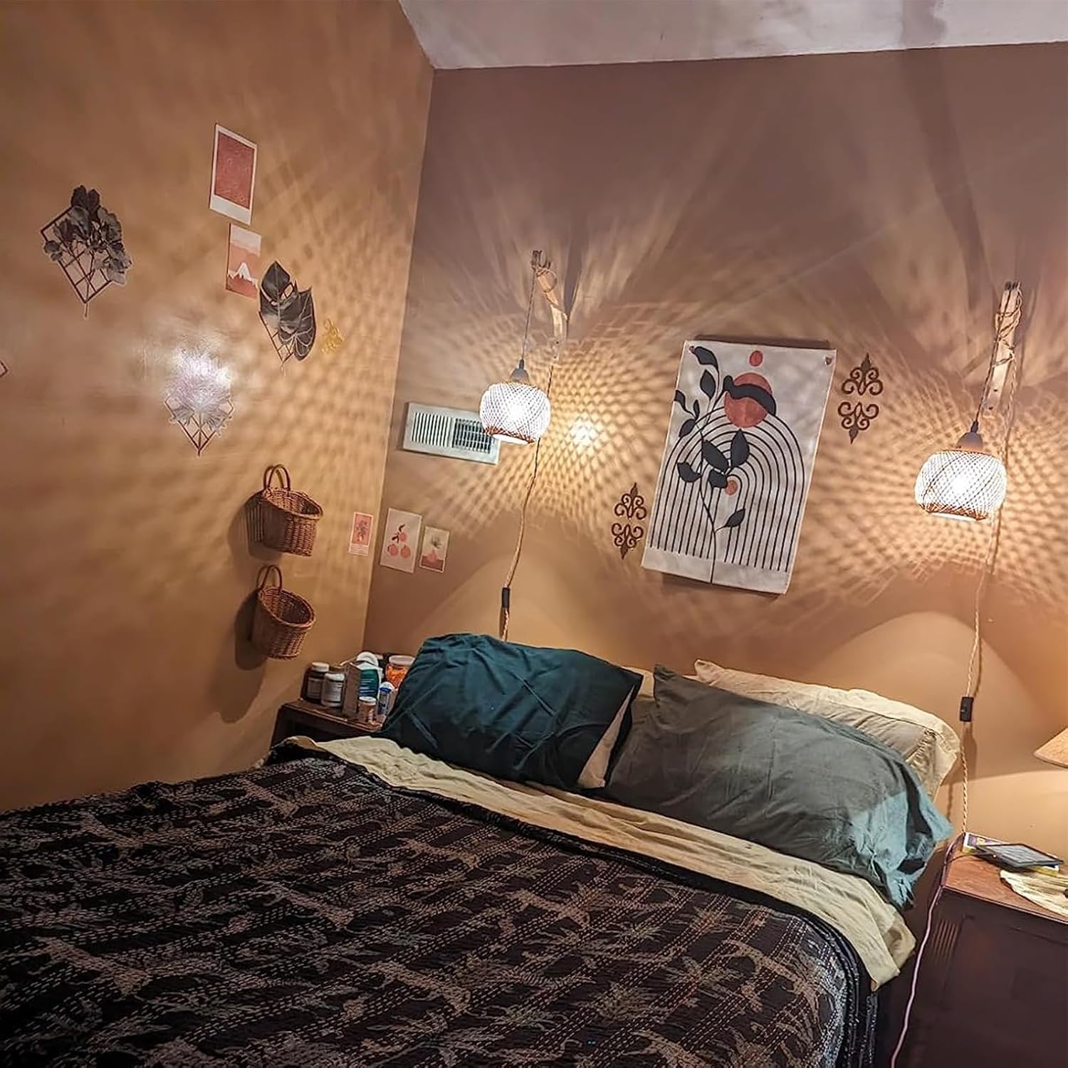 Frideko Bamboo Lantern Plug in Wall Sconces Wicker Wall Lamp with Plug in Cord Hand Woven Rattan Wall Light Farmhouse Rustic Wall Sconces Boho Sconces Wall Lighting for Living Room Bedroom - Image 6