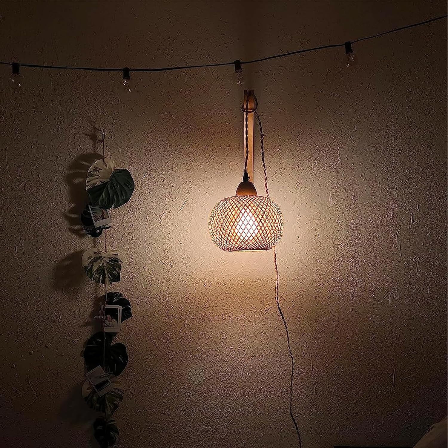 Frideko Bamboo Lantern Plug in Wall Sconces Wicker Wall Lamp with Plug in Cord Hand Woven Rattan Wall Light Farmhouse Rustic Wall Sconces Boho Sconces Wall Lighting for Living Room Bedroom - Image 8