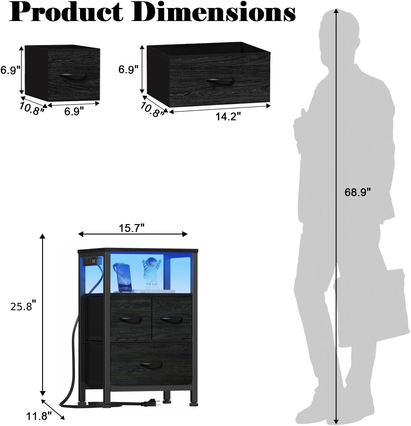 Furnulem Black Nightstand with Wood Shelf, Bed Side Table with Led Light and Charging Station, 25.8 Inch End Table with 3 Fabric Storage Drawers, Small Night Stand for Bedroom Furniture - Image 3