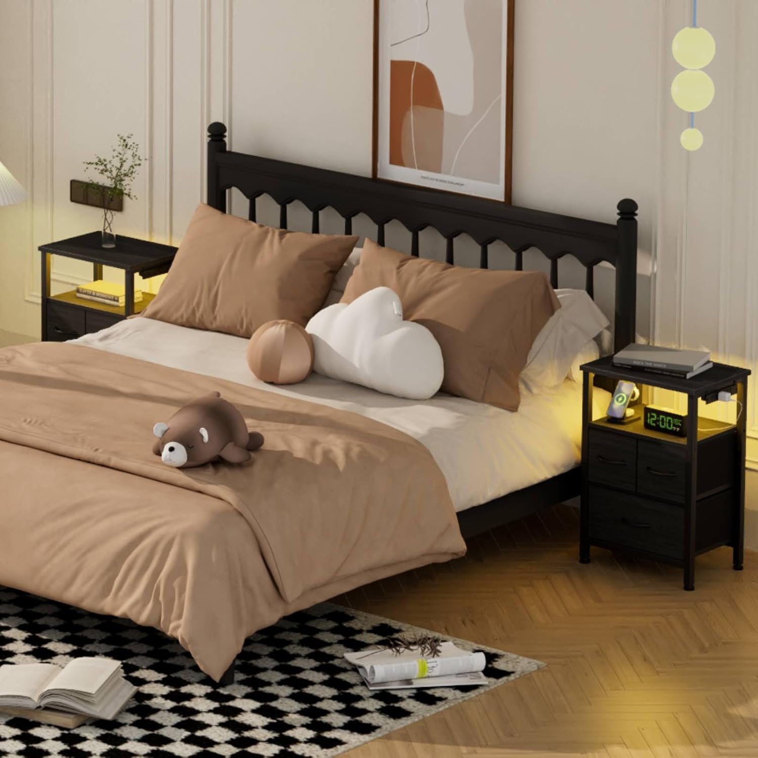 Furnulem Black Nightstand with Wood Shelf, Bed Side Table with Led Light and Charging Station, 25.8 Inch End Table with 3 Fabric Storage Drawers, Small Night Stand for Bedroom Furniture - Image 4