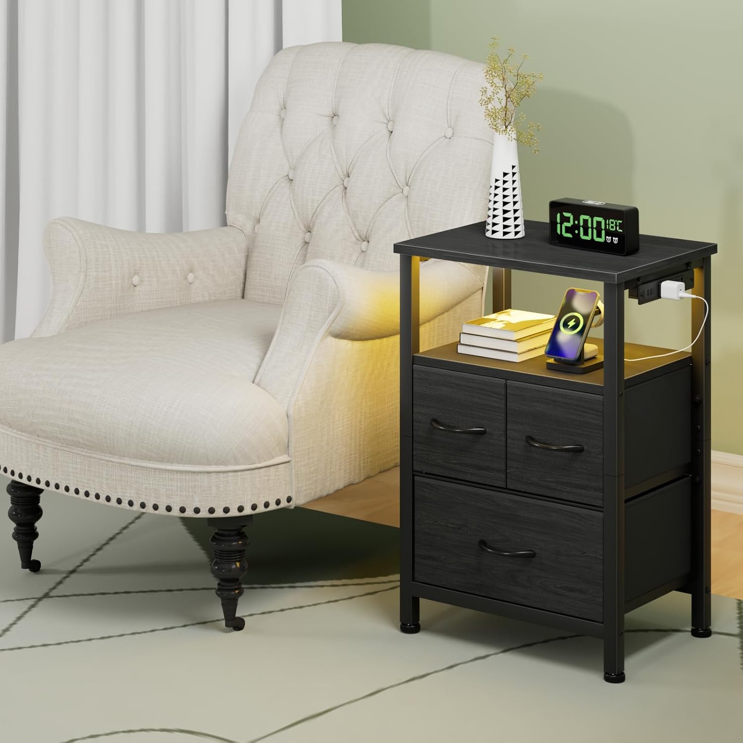 Furnulem Black Nightstand with Wood Shelf, Bed Side Table with Led Light and Charging Station, 25.8 Inch End Table with 3 Fabric Storage Drawers, Small Night Stand for Bedroom Furniture - Image 5