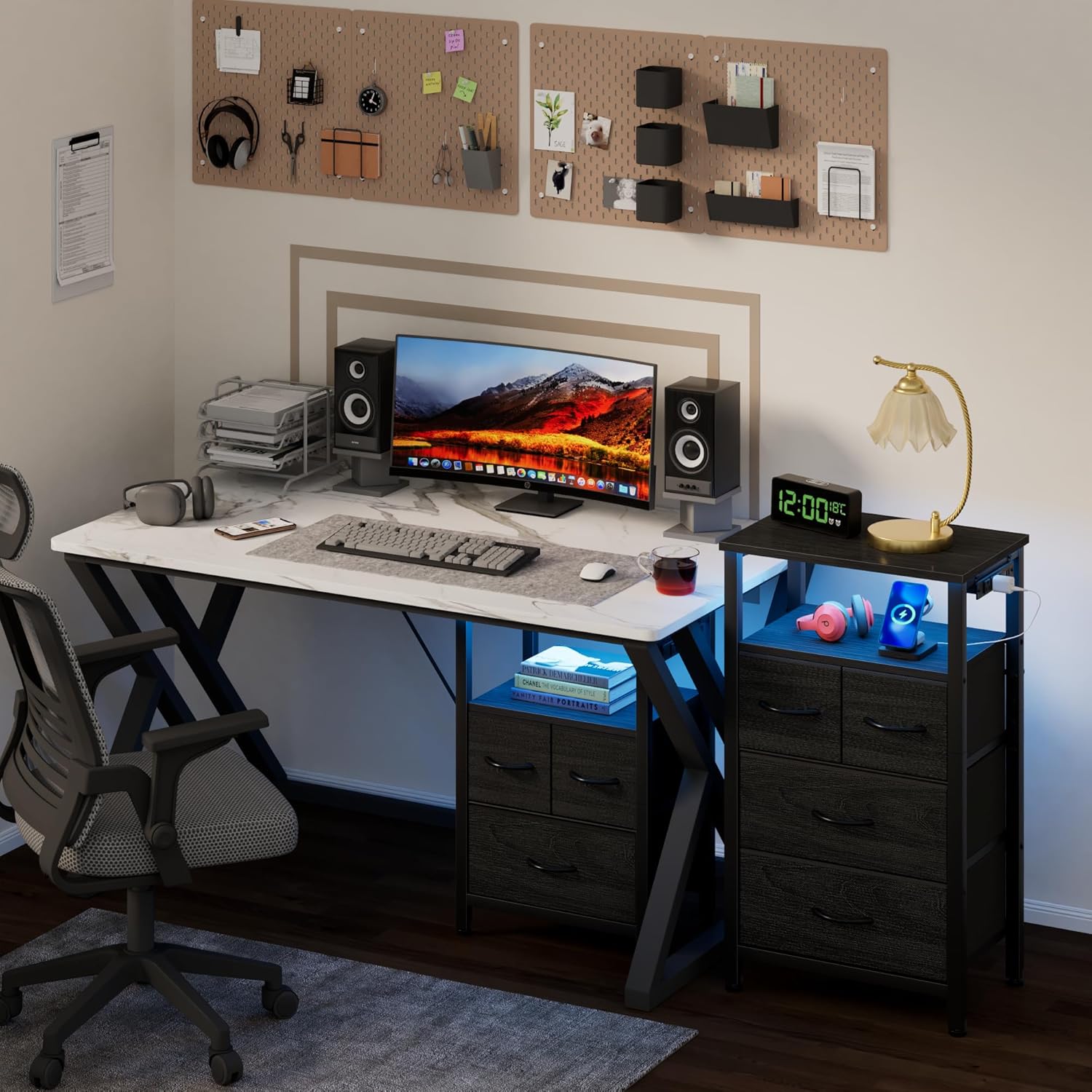 Furnulem Black Nightstand with Wood Shelf, Bed Side Table with Led Light and Charging Station, 25.8 Inch End Table with 3 Fabric Storage Drawers, Small Night Stand for Bedroom Furniture - Image 6