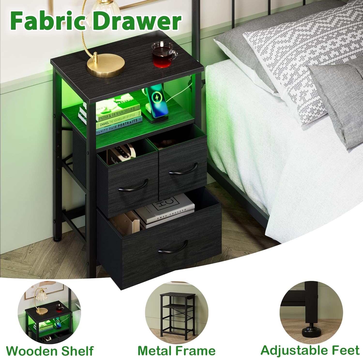 Furnulem Black Nightstand with Wood Shelf, Bed Side Table with Led Light and Charging Station, 25.8 Inch End Table with 3 Fabric Storage Drawers, Small Night Stand for Bedroom Furniture - Image 7