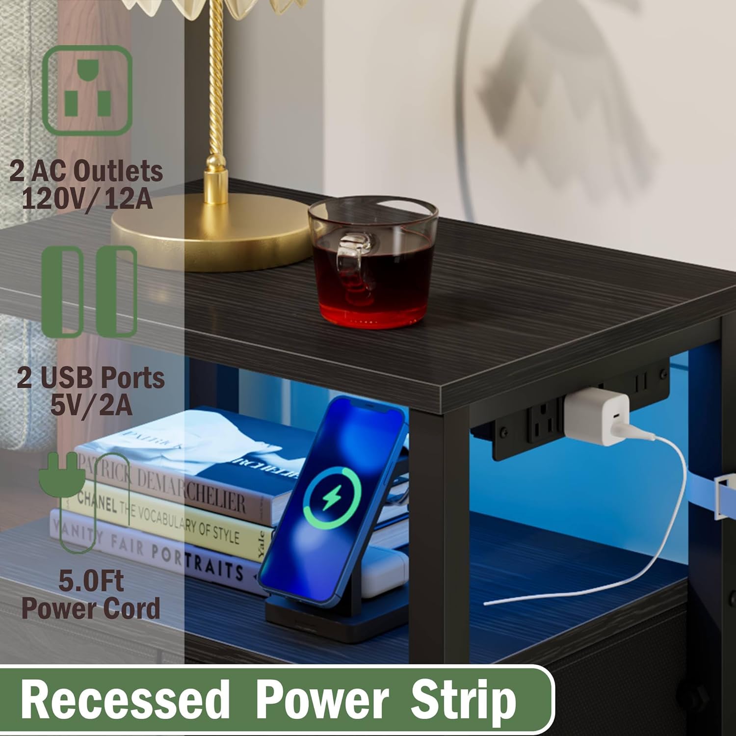 Furnulem Black Nightstand with Wood Shelf, Bed Side Table with Led Light and Charging Station, 25.8 Inch End Table with 3 Fabric Storage Drawers, Small Night Stand for Bedroom Furniture - Image 9