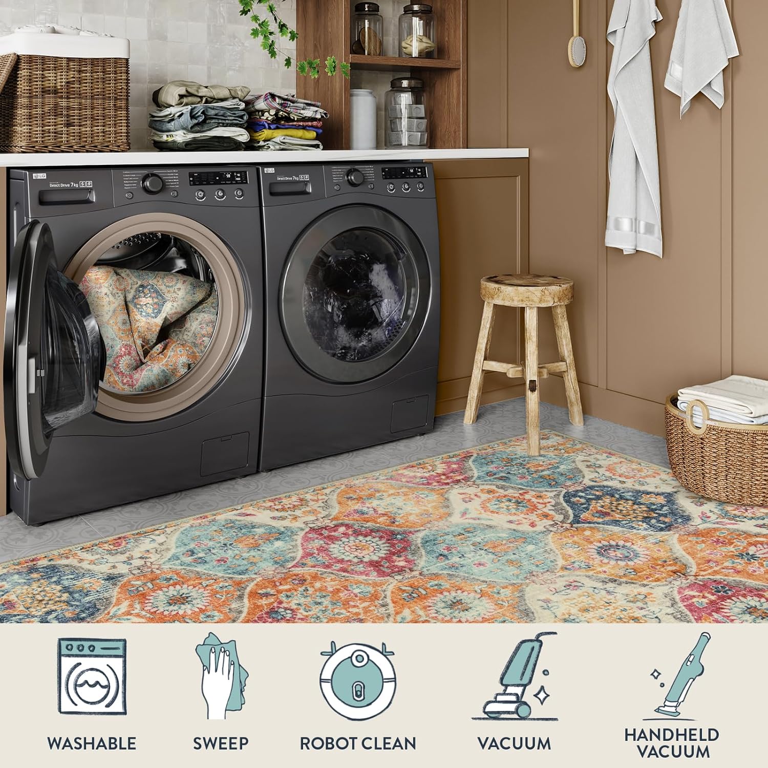 Lahome Moroccan Trellis Washable Rug, 2x3 Kitchen Rugs for Entryway Bathroom, Non-Slip Indoor Door Mat Ultra-Thin, Small Oriental Throw Carpet for Bedroom Entry, Cream/Multi - Image 3