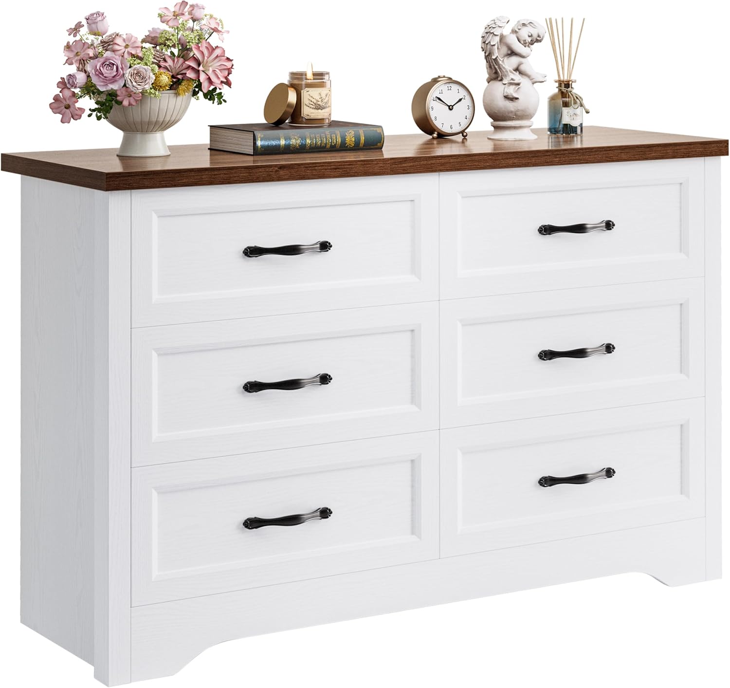LIKIMIO White Dresser for Bedroom, Modern 6 Drawer Double Dresser for Bedroom with Black Handle, Wide Wood Dressers & Chests of Drawers, 6 Drawer Dressers for Hallway, White