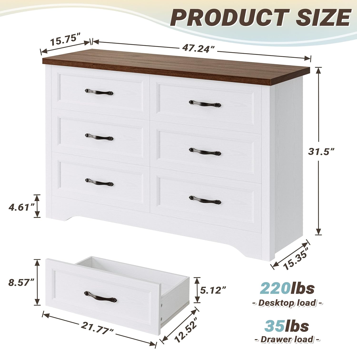 LIKIMIO White Dresser for Bedroom, Modern 6 Drawer Double Dresser for Bedroom with Black Handle, Wide Wood Dressers & Chests of Drawers, 6 Drawer Dressers for Hallway, White - Image 3