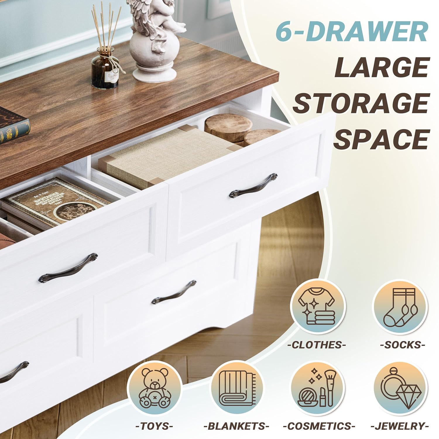 LIKIMIO White Dresser for Bedroom, Modern 6 Drawer Double Dresser for Bedroom with Black Handle, Wide Wood Dressers & Chests of Drawers, 6 Drawer Dressers for Hallway, White - Image 5