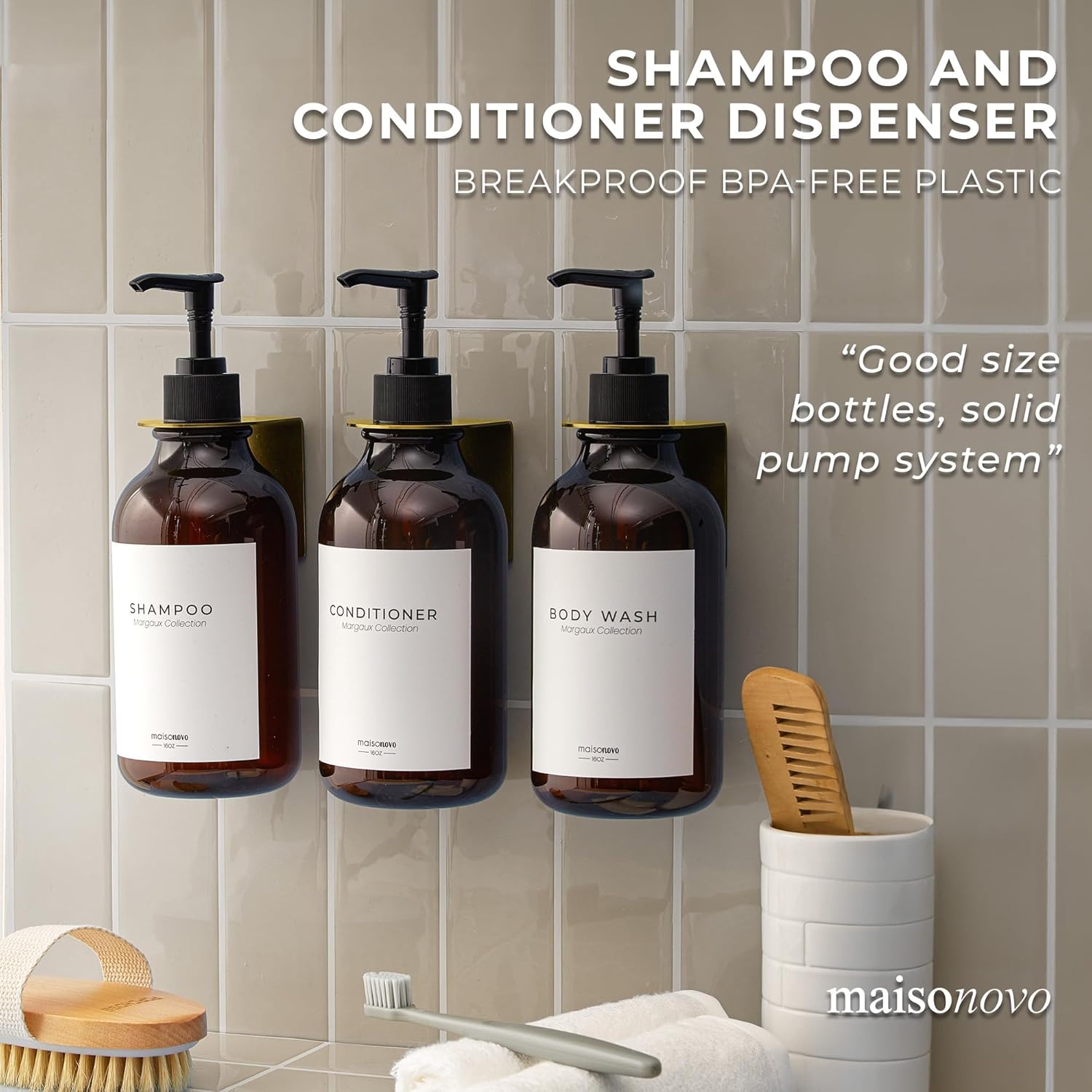 MaisoNovo Shampoo and Conditioner Dispenser - Shower Soap Dispenser Wall Mounted - 16.9 fl oz Set of 3 Amber Plastic Bottles Black Pump - 3 Chamber No Drill - Image 3