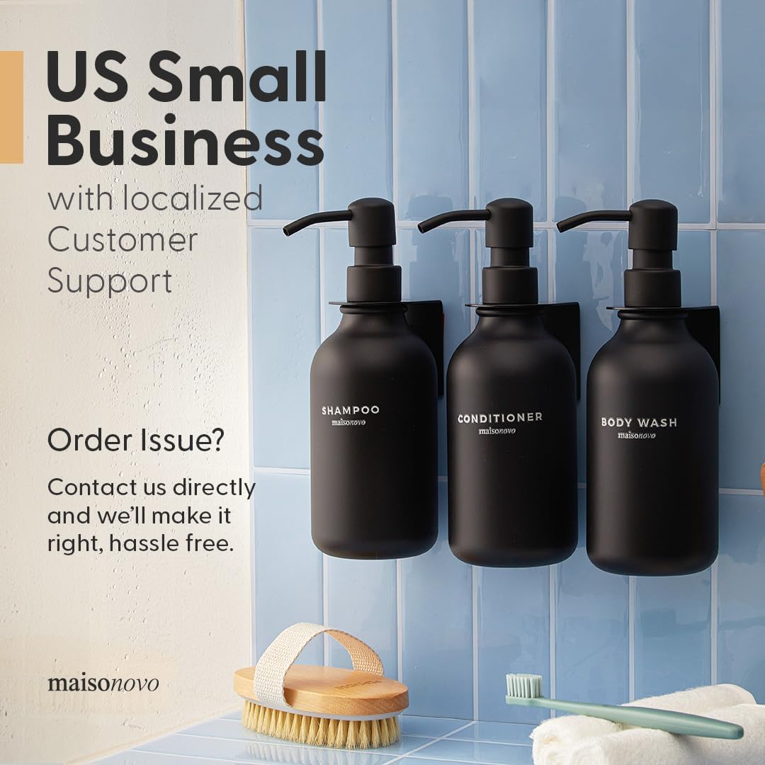 MaisoNovo Shampoo and Conditioner Dispenser - Shower Soap Dispenser Wall Mounted - 16.9 fl oz Set of 3 Amber Plastic Bottles Black Pump - 3 Chamber No Drill - Image 6