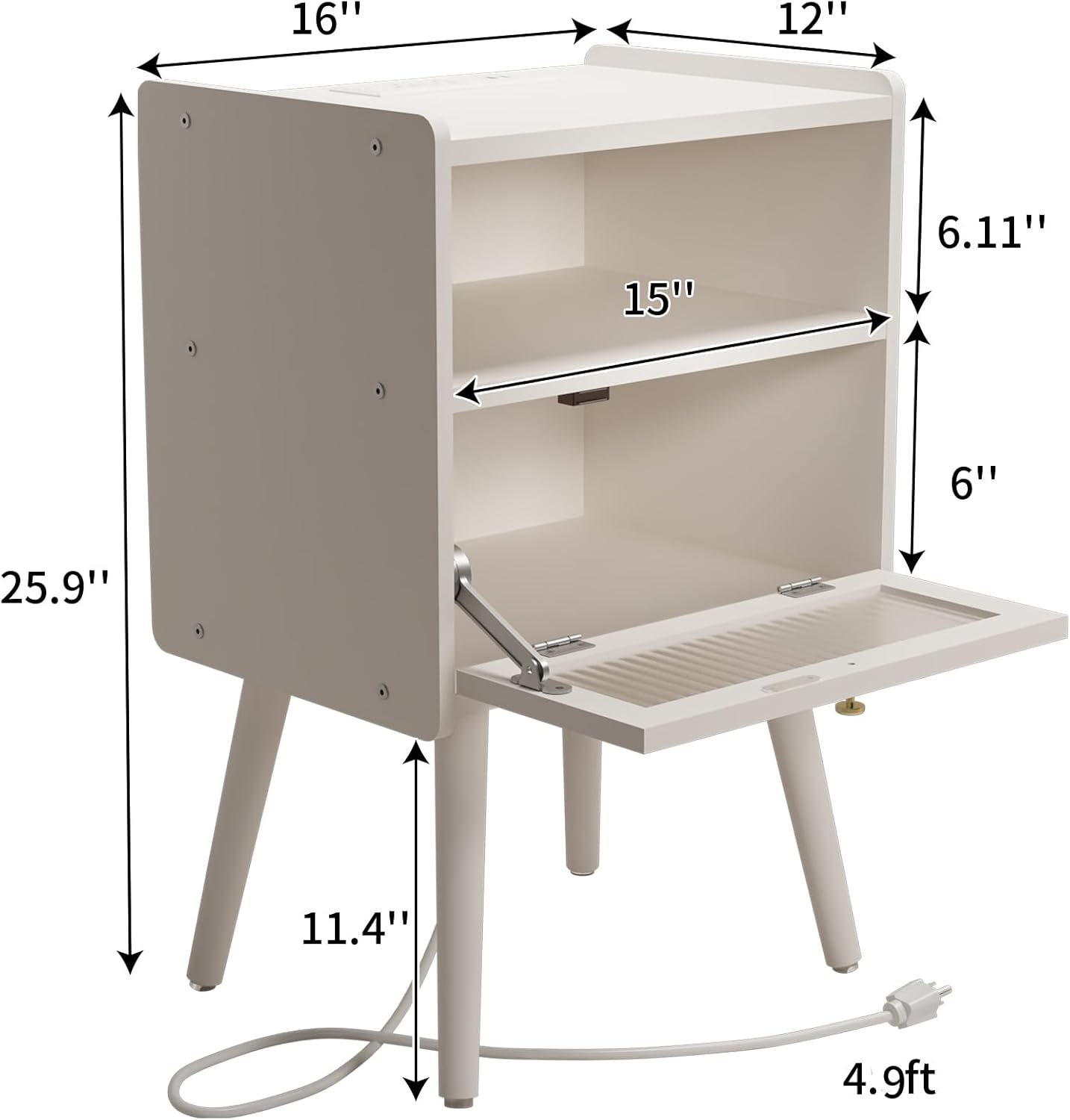 Mid Century Modern Nightstand with Charging Station, Bedside Tables with Glass Decorative Door, End Table Side Table with 2 Tiers Storage Space, for Bedroom, Living Room, White - Image 3