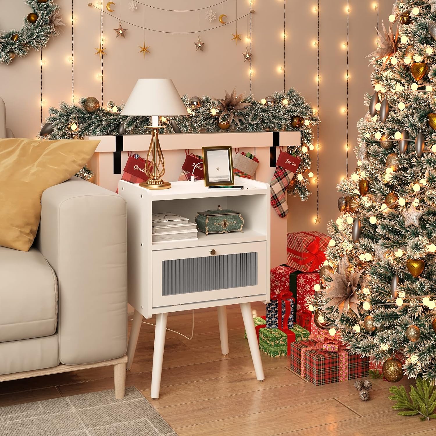 Mid Century Modern Nightstand with Charging Station, Bedside Tables with Glass Decorative Door, End Table Side Table with 2 Tiers Storage Space, for Bedroom, Living Room, White - Image 4