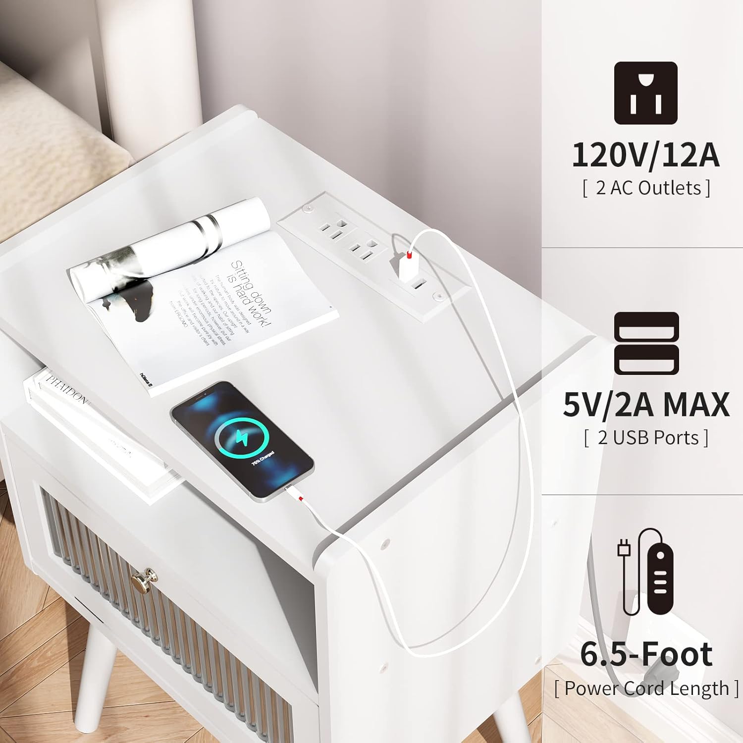 Mid Century Modern Nightstand with Charging Station, Bedside Tables with Glass Decorative Door, End Table Side Table with 2 Tiers Storage Space, for Bedroom, Living Room, White - Image 5