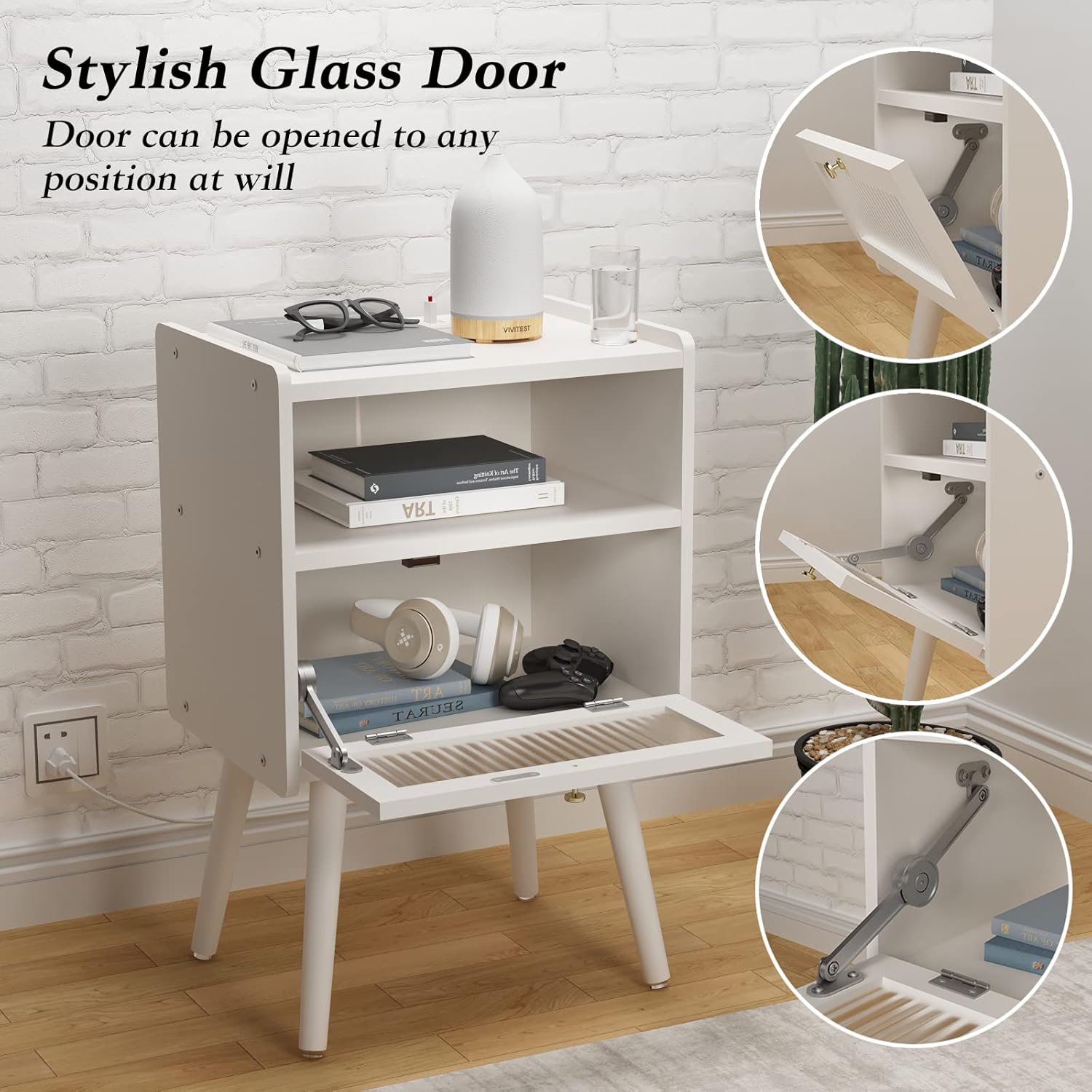 Mid Century Modern Nightstand with Charging Station, Bedside Tables with Glass Decorative Door, End Table Side Table with 2 Tiers Storage Space, for Bedroom, Living Room, White - Image 6