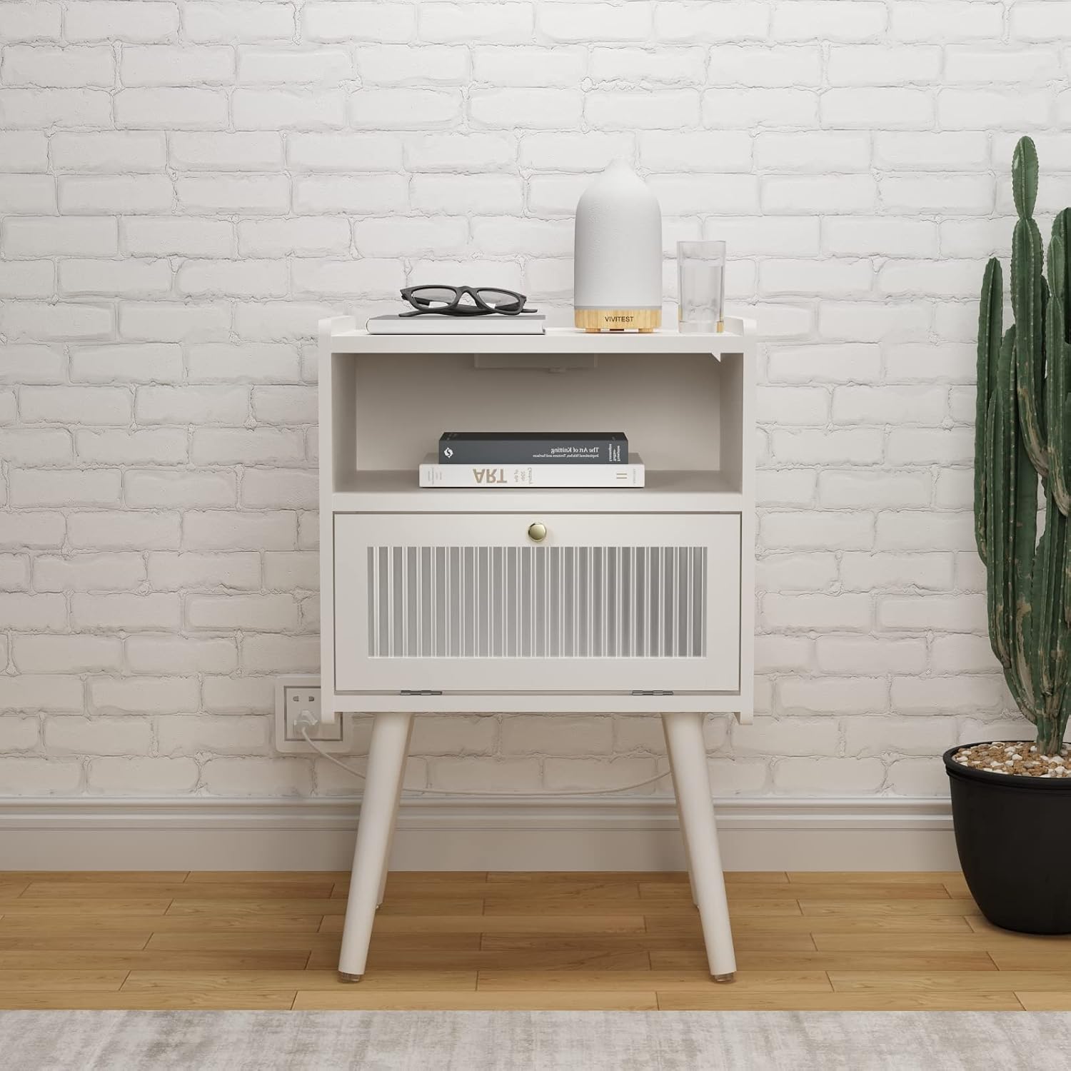 Mid Century Modern Nightstand with Charging Station, Bedside Tables with Glass Decorative Door, End Table Side Table with 2 Tiers Storage Space, for Bedroom, Living Room, White - Image 9