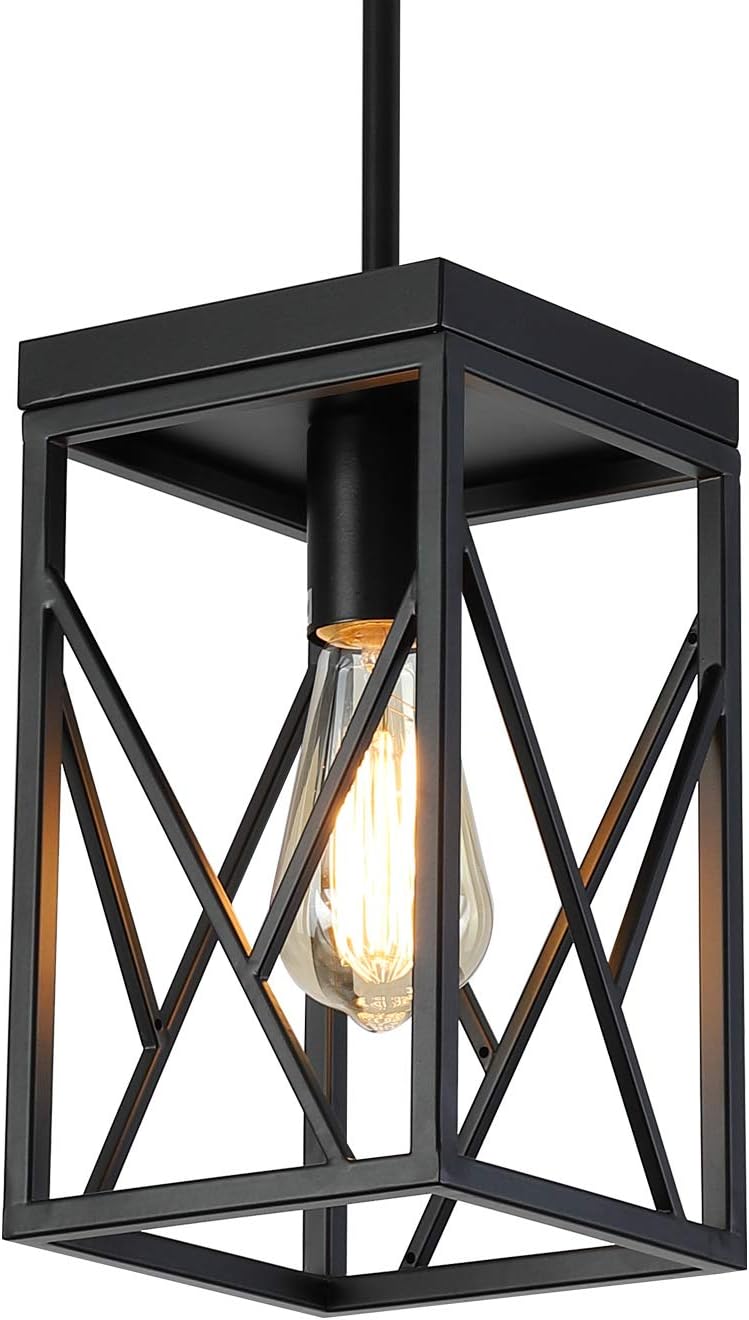 Modern Black Pendant Light with Metal Cage, One-Light Adjustable Rods Industrial Mini Pendant Lighting Fixture for Kitchen Island Cafe Bar Farmhouse, Black
