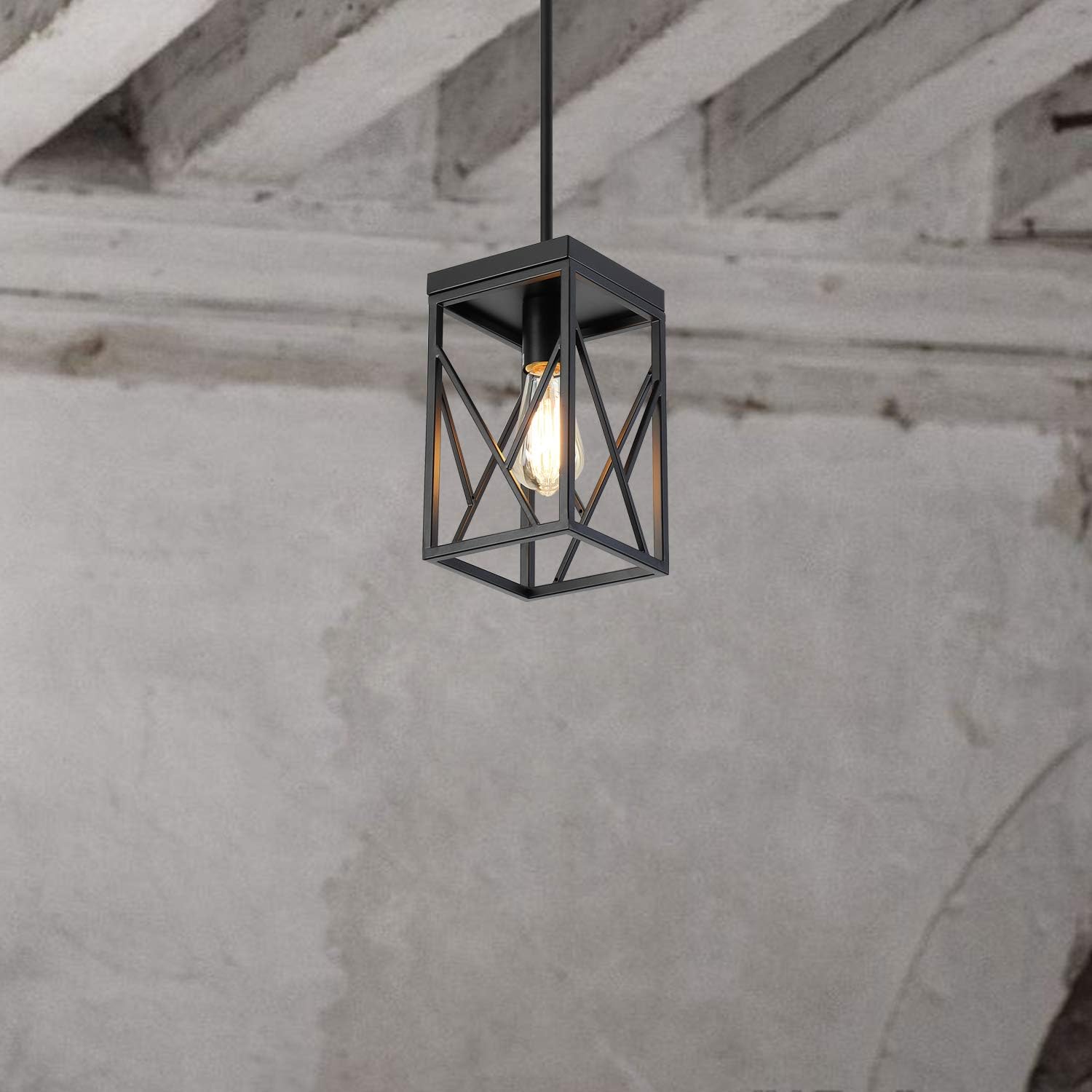 Modern Black Pendant Light with Metal Cage, One-Light Adjustable Rods Industrial Mini Pendant Lighting Fixture for Kitchen Island Cafe Bar Farmhouse, Black - Image 3