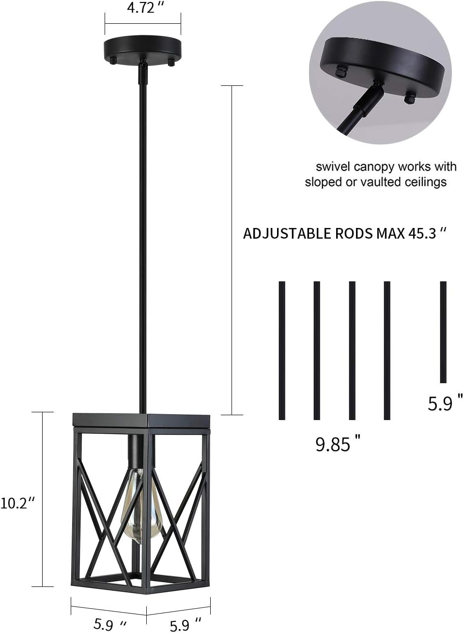 Modern Black Pendant Light with Metal Cage, One-Light Adjustable Rods Industrial Mini Pendant Lighting Fixture for Kitchen Island Cafe Bar Farmhouse, Black - Image 4