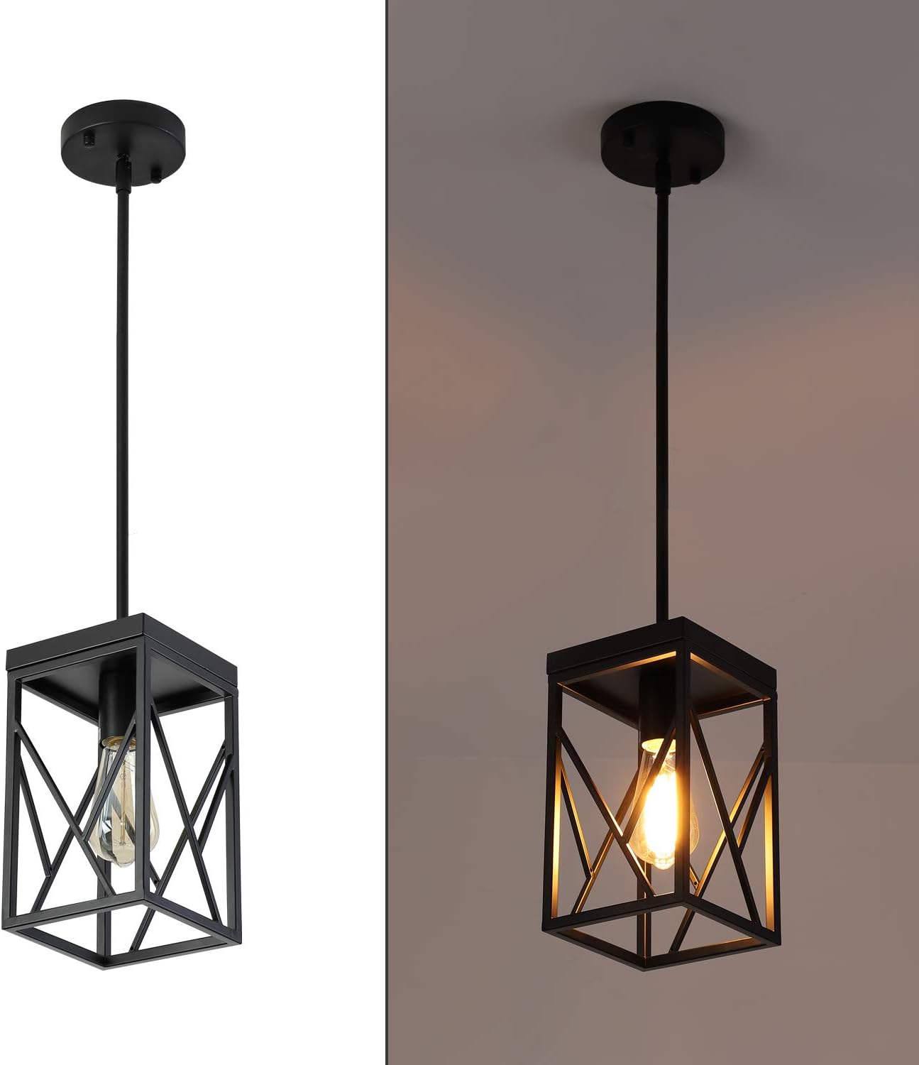 Modern Black Pendant Light with Metal Cage, One-Light Adjustable Rods Industrial Mini Pendant Lighting Fixture for Kitchen Island Cafe Bar Farmhouse, Black - Image 7