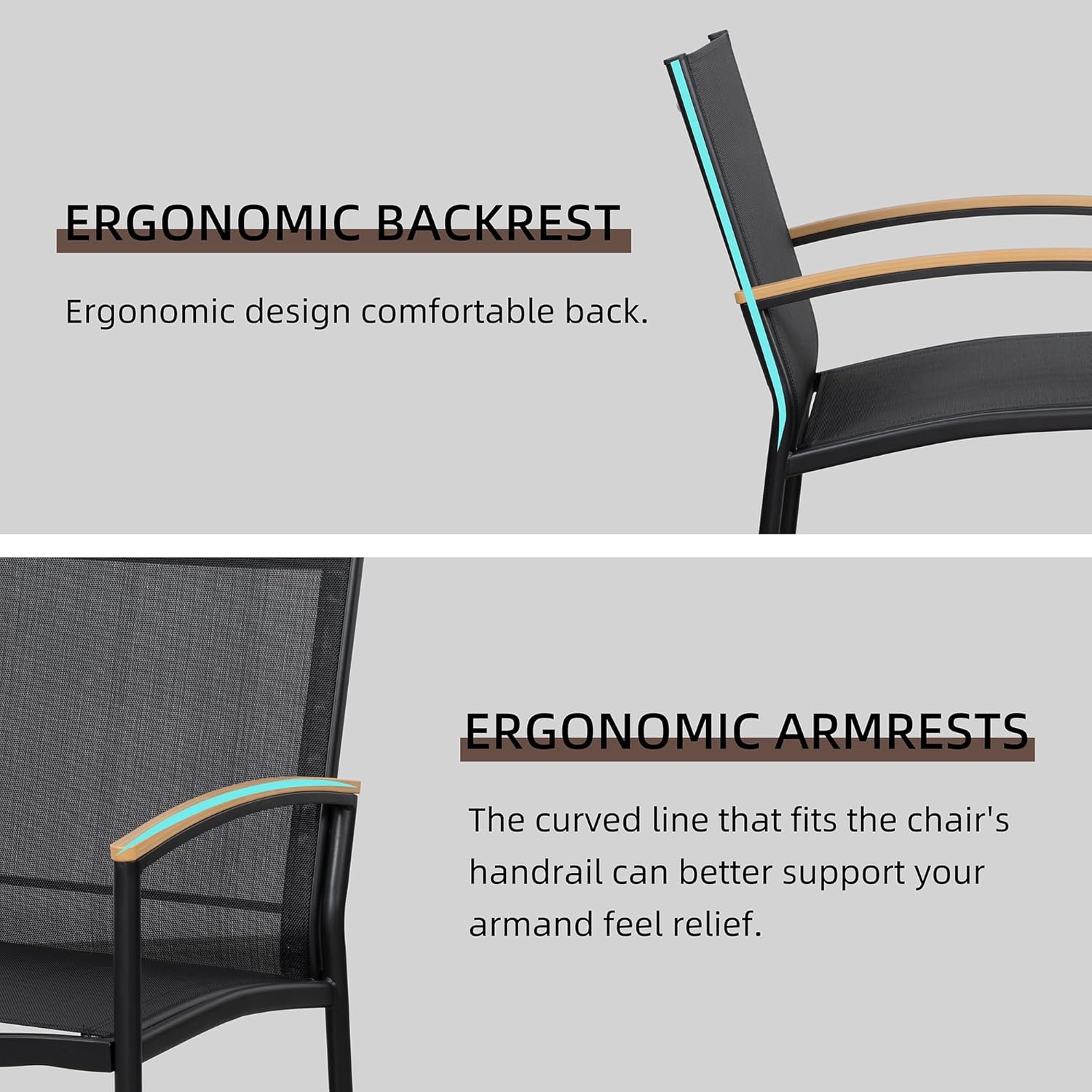 Shintenchi 3 Pieces Patio Bistro Sets, Outdoor Textilene Fabric Conversation Bistro Set, Textilene Fabric Front Porch Chairs Small Patio Furniture Set with Table for Lawn,Garden,Balcony (Black) - Image 3