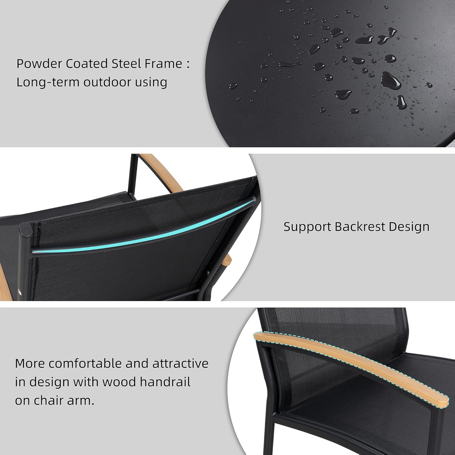 Shintenchi 3 Pieces Patio Bistro Sets, Outdoor Textilene Fabric Conversation Bistro Set, Textilene Fabric Front Porch Chairs Small Patio Furniture Set with Table for Lawn,Garden,Balcony (Black) - Image 4