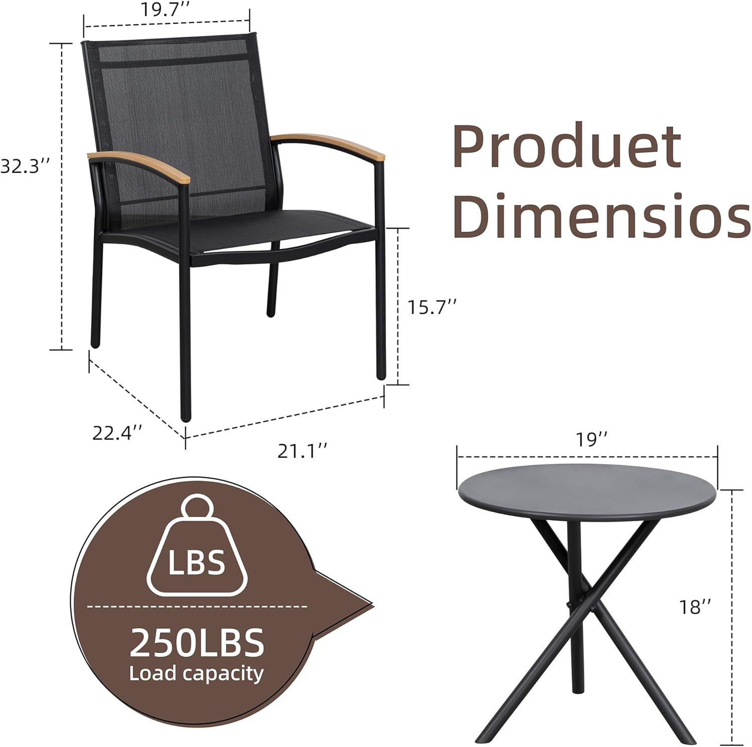 Shintenchi 3 Pieces Patio Bistro Sets, Outdoor Textilene Fabric Conversation Bistro Set, Textilene Fabric Front Porch Chairs Small Patio Furniture Set with Table for Lawn,Garden,Balcony (Black) - Image 6