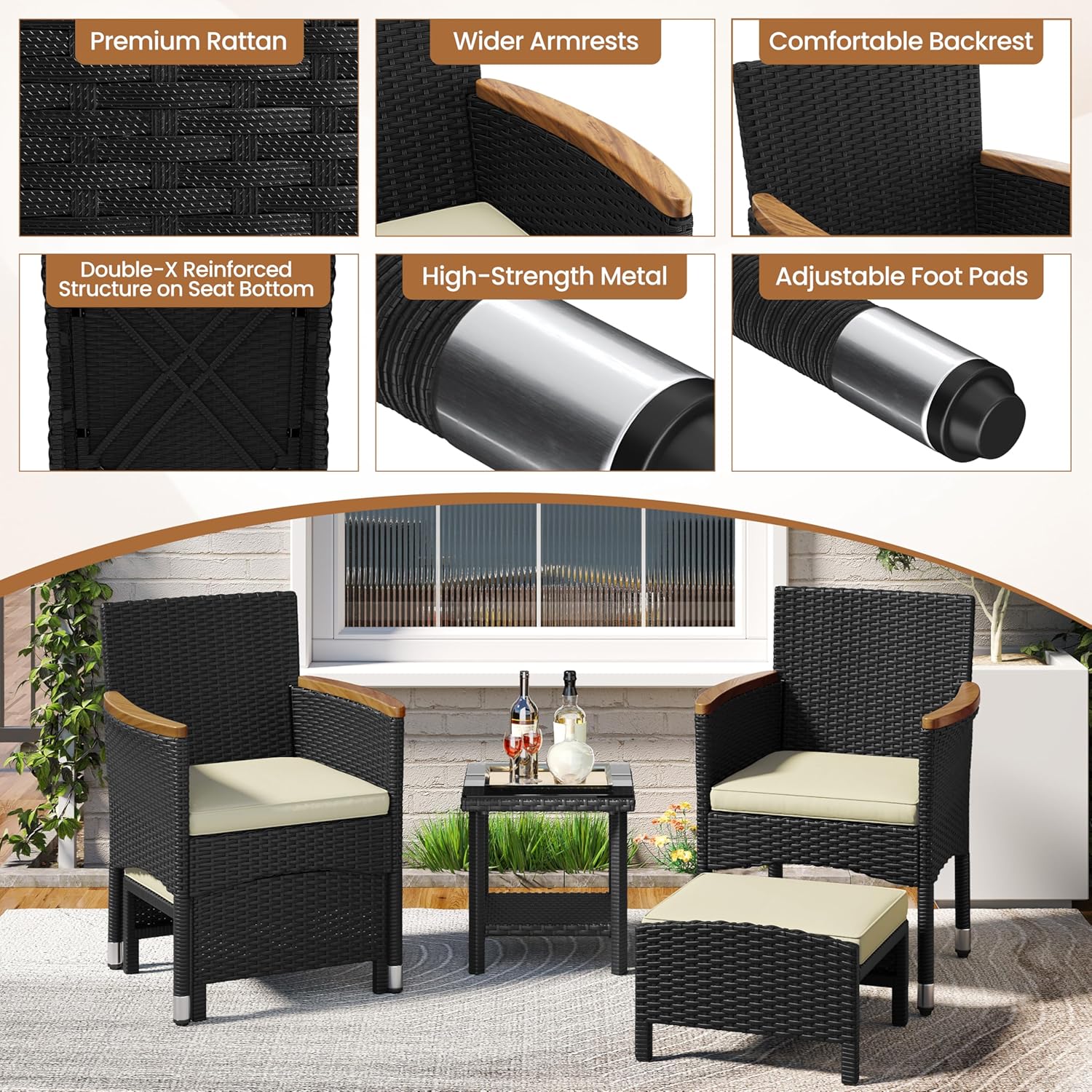 Yaheetech 5 Piece Patio Conversation Set, Outdoor Wicker Bistro Furniture, PE Wicker Outdoor Rattan Chairs Set with Coffee Table for Porch, Poolside, Lawn, Garden, Balcony - Image 3