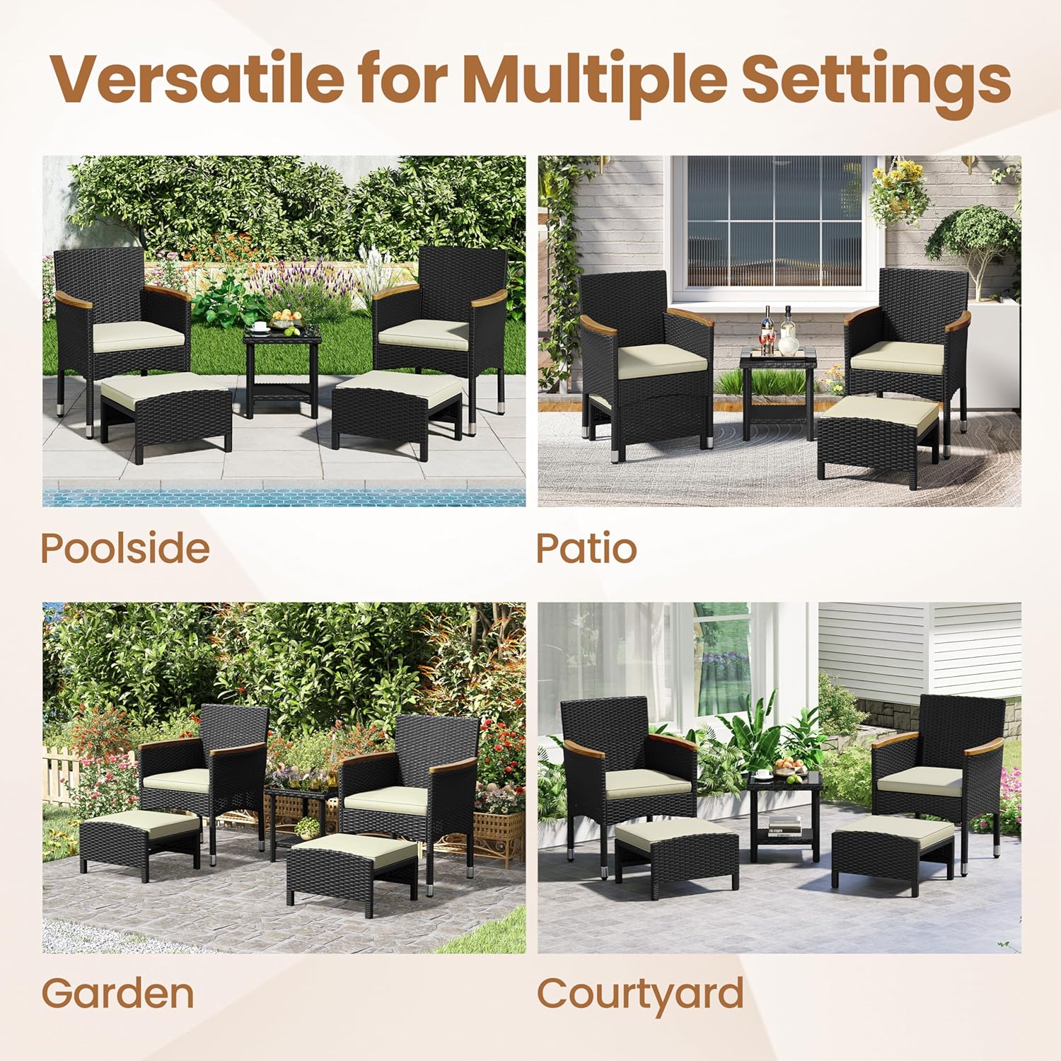 Yaheetech 5 Piece Patio Conversation Set, Outdoor Wicker Bistro Furniture, PE Wicker Outdoor Rattan Chairs Set with Coffee Table for Porch, Poolside, Lawn, Garden, Balcony - Image 4