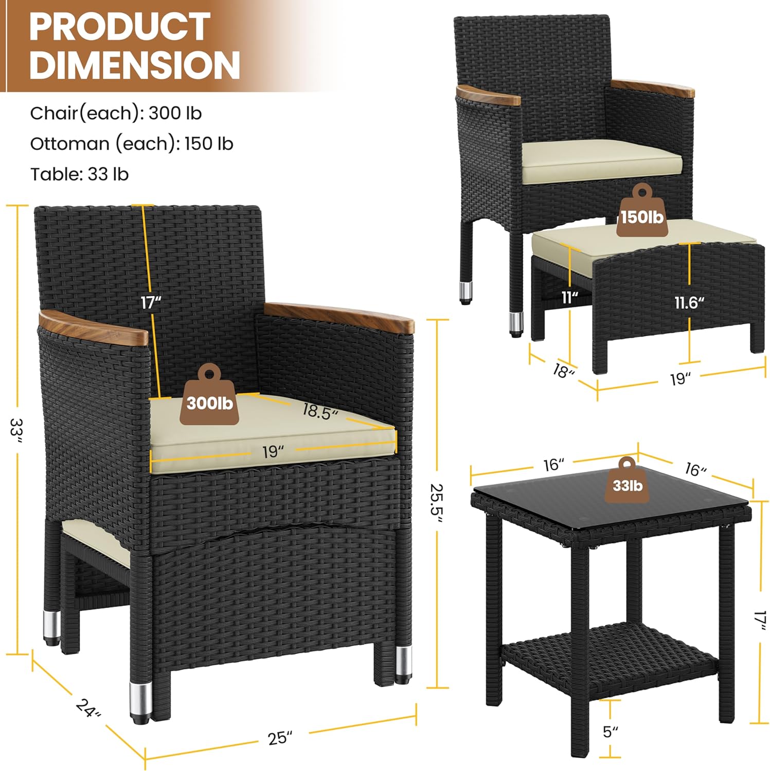 Yaheetech 5 Piece Patio Conversation Set, Outdoor Wicker Bistro Furniture, PE Wicker Outdoor Rattan Chairs Set with Coffee Table for Porch, Poolside, Lawn, Garden, Balcony - Image 5