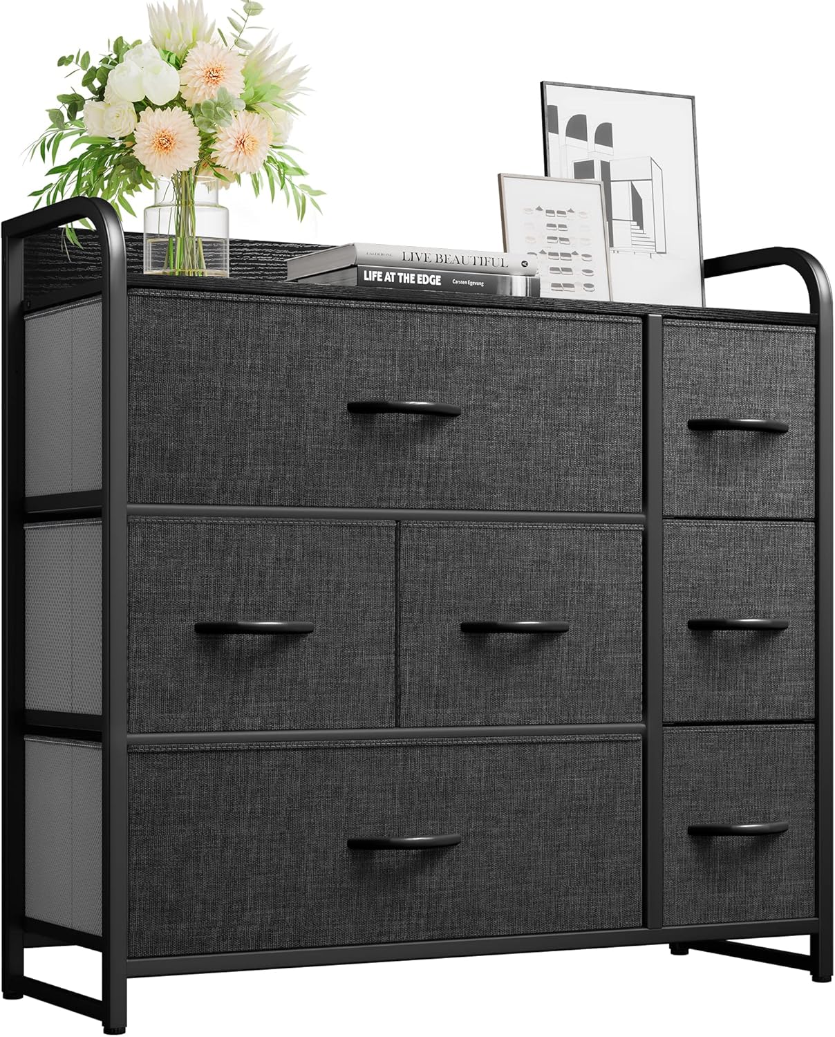 YITAHOME Fabric Dresser with 7 Drawers - Storage Tower with Large Capacity, Organizer Unit for Living Room - Sturdy Steel Frame, Easy Pull Fabric Bins & Wooden Top (Black/Grey)
