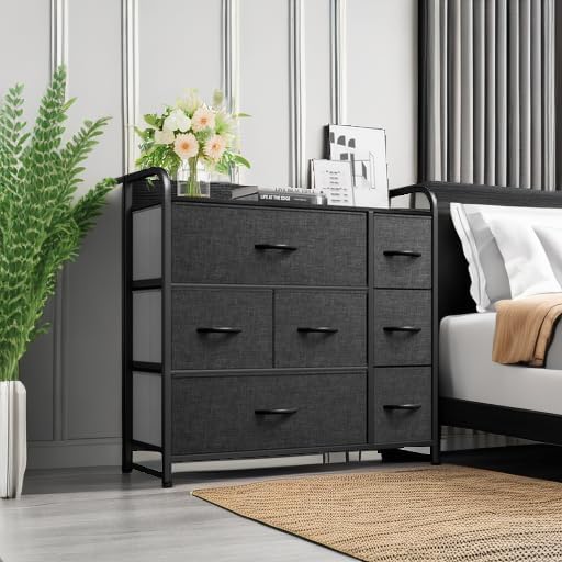 YITAHOME Fabric Dresser with 7 Drawers - Storage Tower with Large Capacity, Organizer Unit for Living Room - Sturdy Steel Frame, Easy Pull Fabric Bins & Wooden Top (Black/Grey) - Image 5