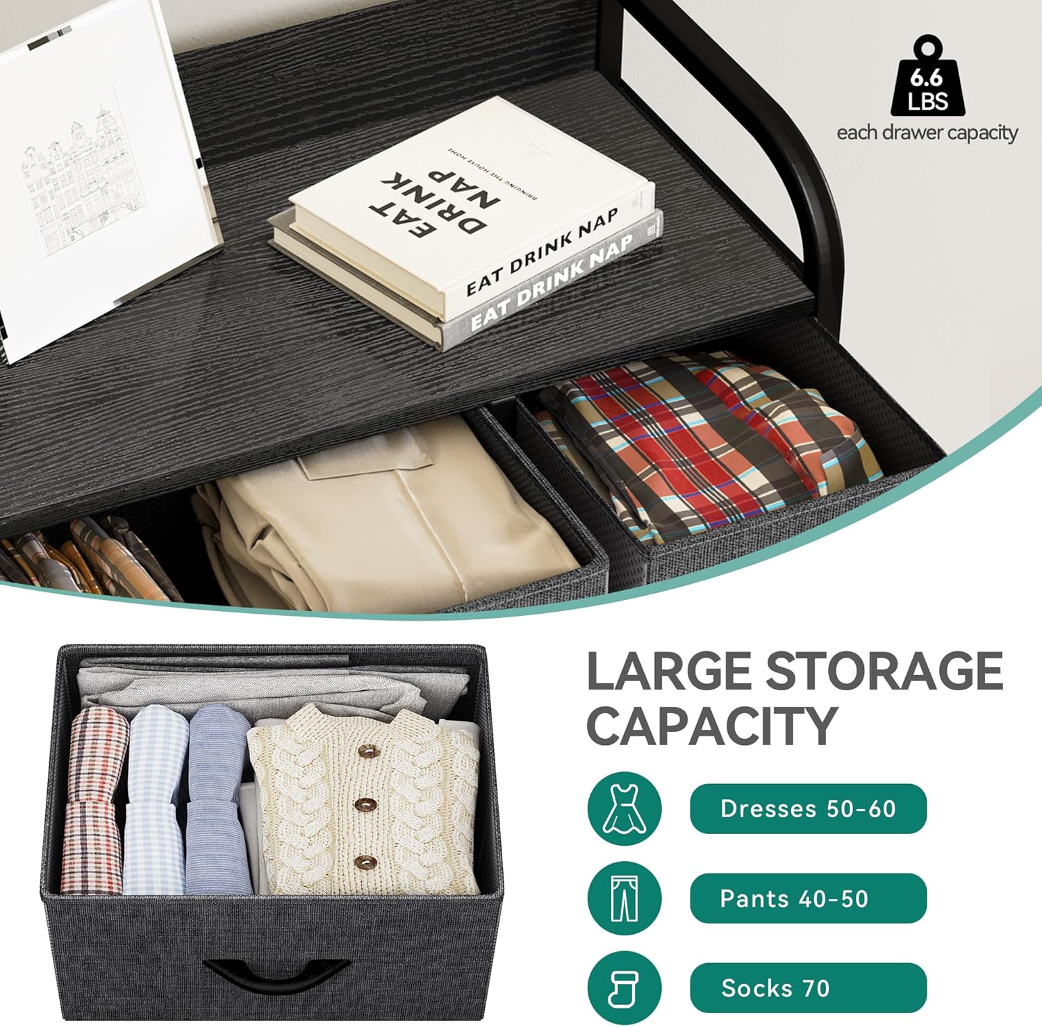 YITAHOME Fabric Dresser with 7 Drawers - Storage Tower with Large Capacity, Organizer Unit for Living Room - Sturdy Steel Frame, Easy Pull Fabric Bins & Wooden Top (Black/Grey) - Image 6